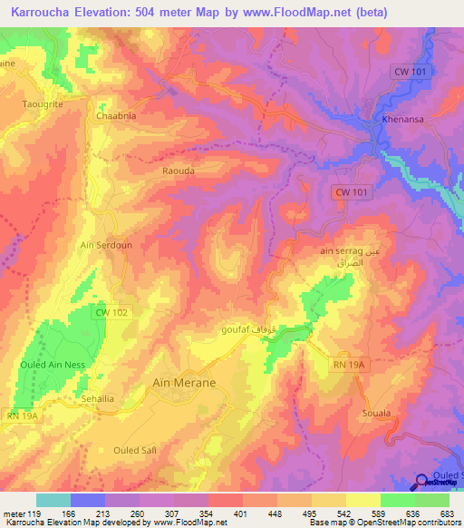 Karroucha,Algeria Elevation Map