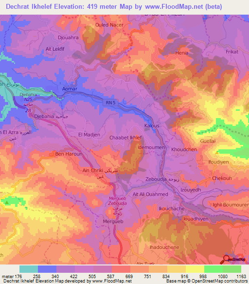 Dechrat Ikhelef,Algeria Elevation Map