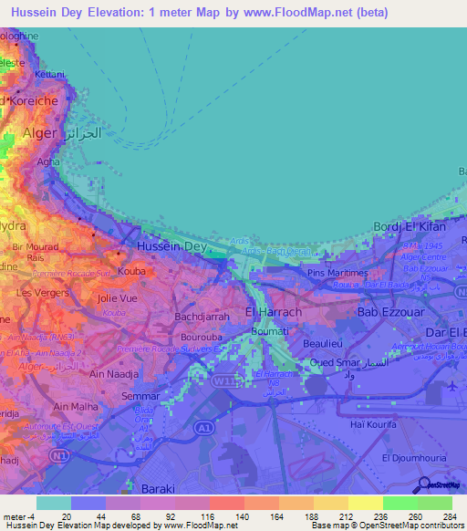 Hussein Dey,Algeria Elevation Map