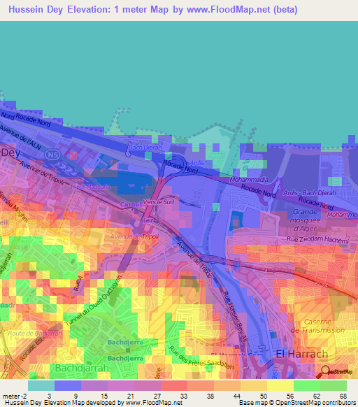 Hussein Dey,Algeria Elevation Map