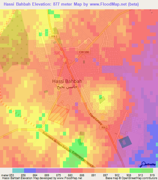 Hassi Bahbah,Algeria Elevation Map