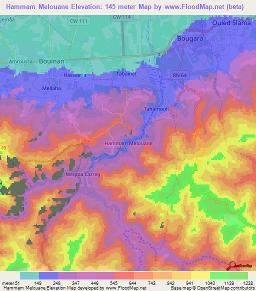 Hammam Melouane,Algeria Elevation Map