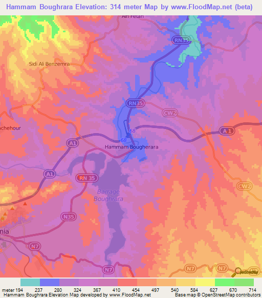 Hammam Boughrara,Algeria Elevation Map