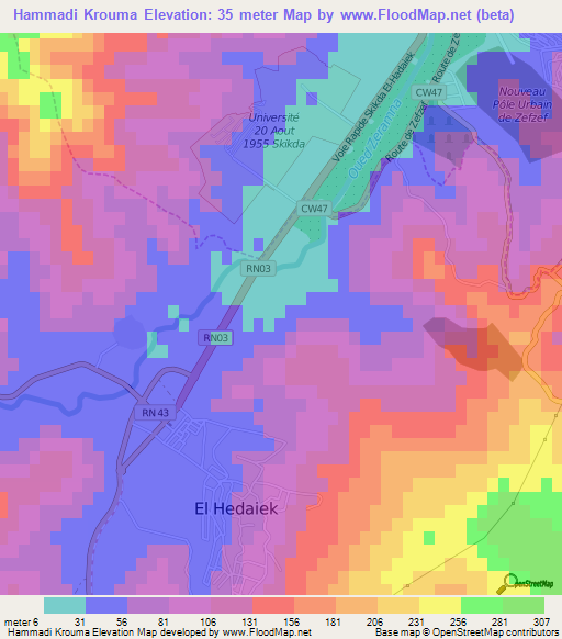 Hammadi Krouma,Algeria Elevation Map