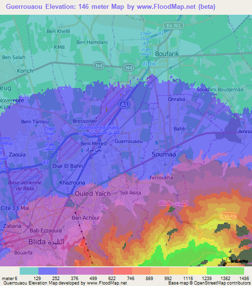 Guerrouaou,Algeria Elevation Map