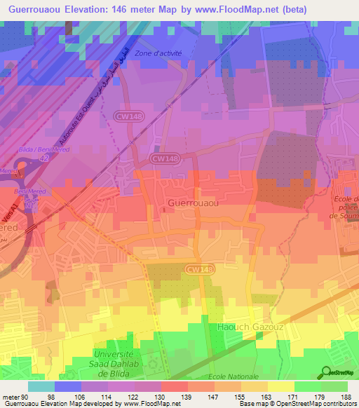 Guerrouaou,Algeria Elevation Map