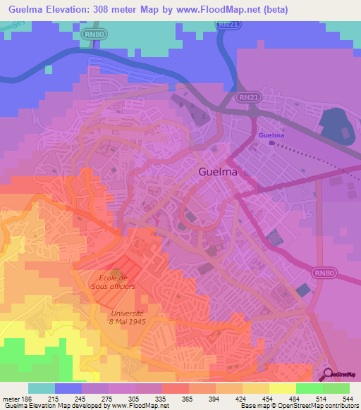 Guelma,Algeria Elevation Map