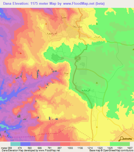 Dana,Jordan Elevation Map