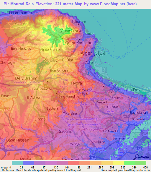 Bir Mourad Rais,Algeria Elevation Map