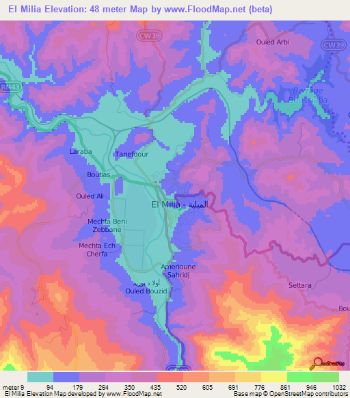 El Milia,Algeria Elevation Map