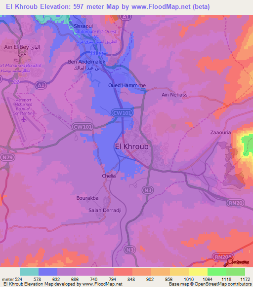 El Khroub,Algeria Elevation Map