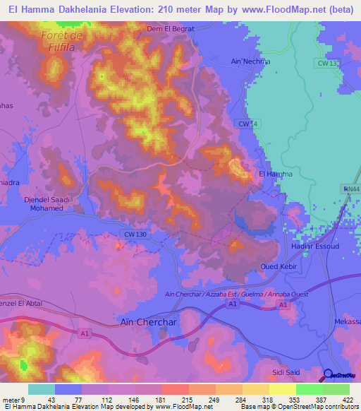 El Hamma Dakhelania,Algeria Elevation Map