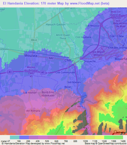 El Hamdania,Algeria Elevation Map
