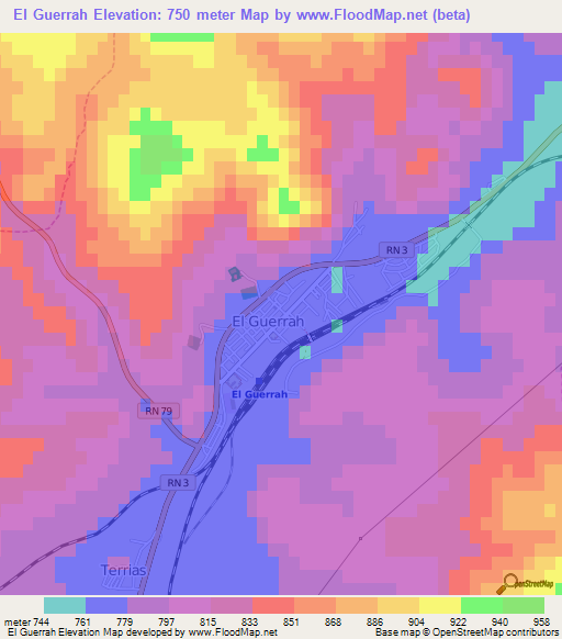El Guerrah,Algeria Elevation Map