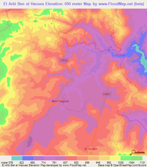 El Arbi Ben el Haoues,Algeria Elevation Map