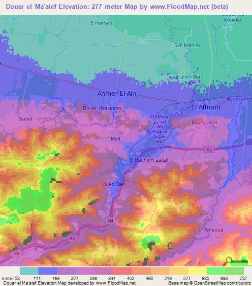 Douar el Ma'aief,Algeria Elevation Map