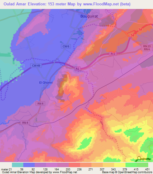 Oulad Amar,Algeria Elevation Map