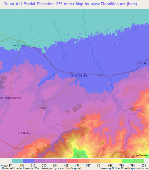 Douar Ahl Bradai,Algeria Elevation Map