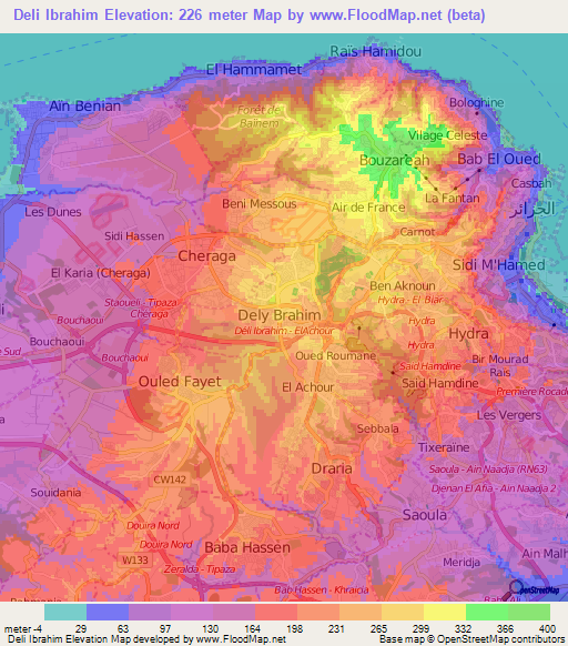 Deli Ibrahim,Algeria Elevation Map