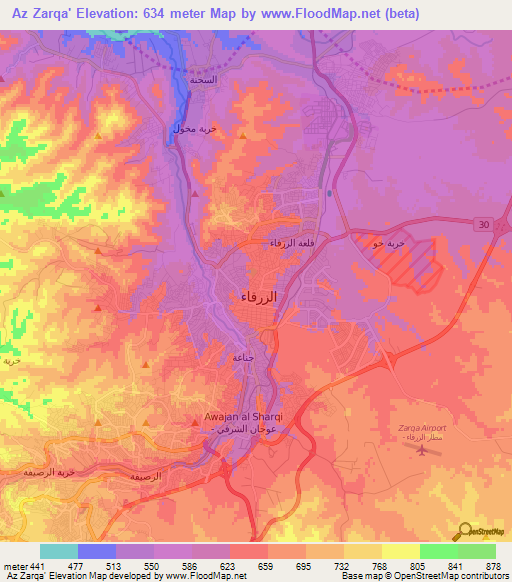 Az Zarqa',Jordan Elevation Map