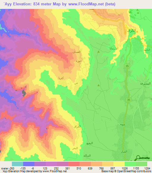 `Ayy,Jordan Elevation Map
