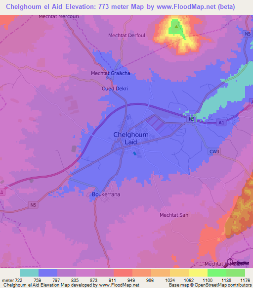 Chelghoum el Aid,Algeria Elevation Map
