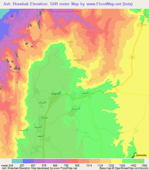 Ash Shawbak,Jordan Elevation Map