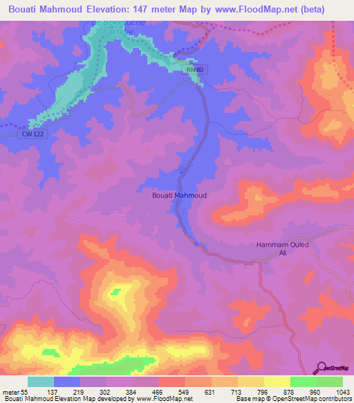 Bouati Mahmoud,Algeria Elevation Map