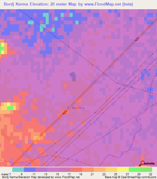 Bordj Kerma,Algeria Elevation Map