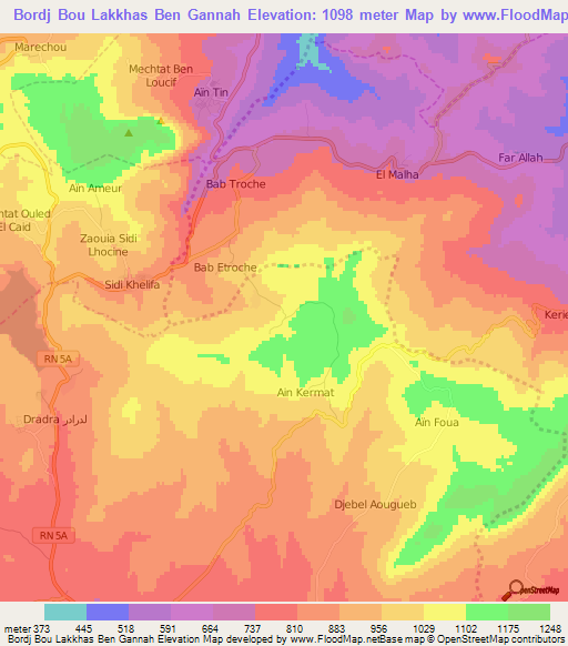 Bordj Bou Lakkhas Ben Gannah,Algeria Elevation Map