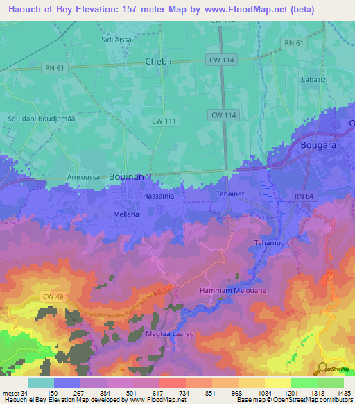 Haouch el Bey,Algeria Elevation Map