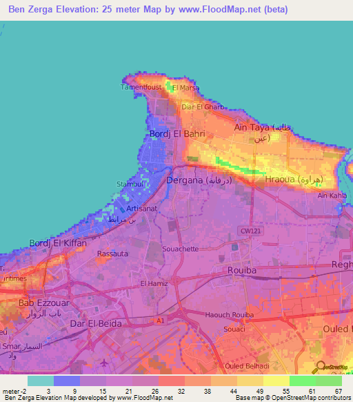 Ben Zerga,Algeria Elevation Map