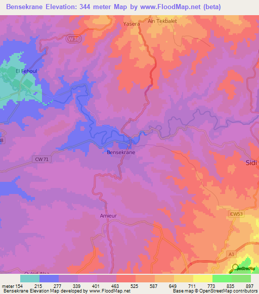 Bensekrane,Algeria Elevation Map