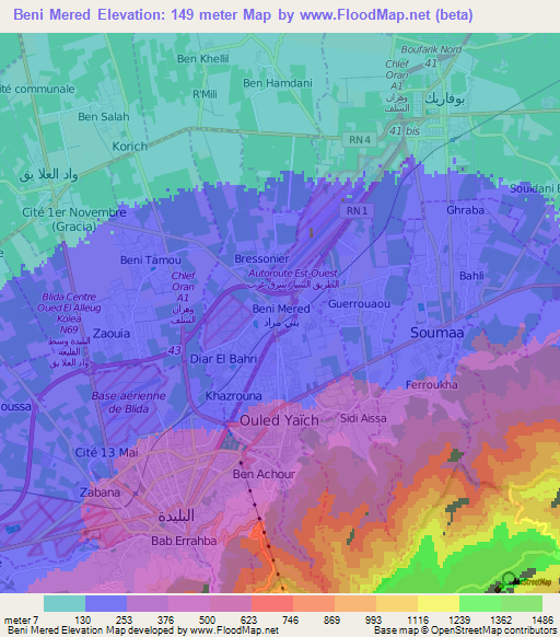 Beni Mered,Algeria Elevation Map