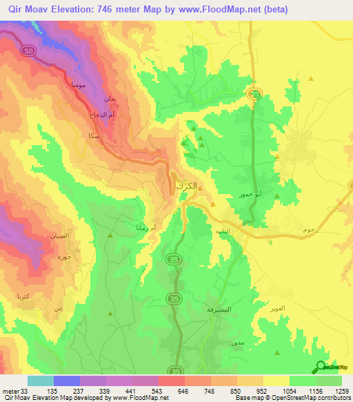 Qir Moav,Jordan Elevation Map