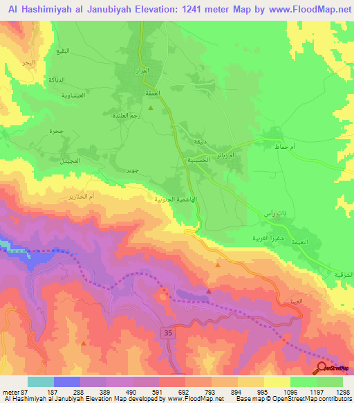 Al Hashimiyah al Janubiyah,Jordan Elevation Map