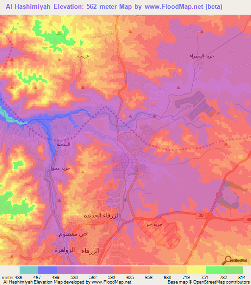 Al Hashimiyah,Jordan Elevation Map