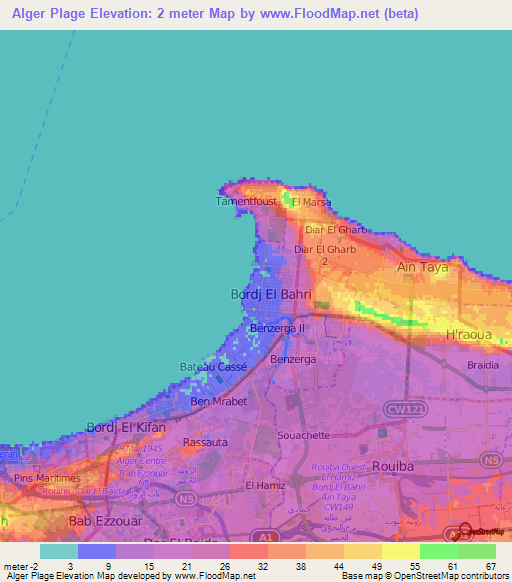 Alger Plage,Algeria Elevation Map