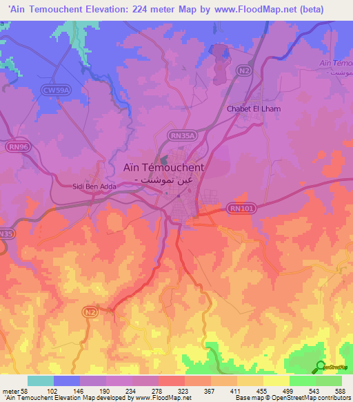 'Ain Temouchent,Algeria Elevation Map