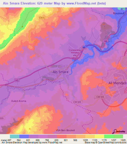 Ain Smara,Algeria Elevation Map