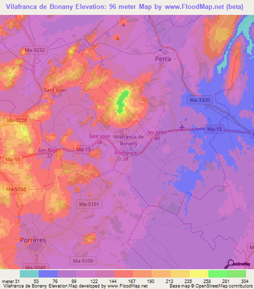 Vilafranca de Bonany,Spain Elevation Map