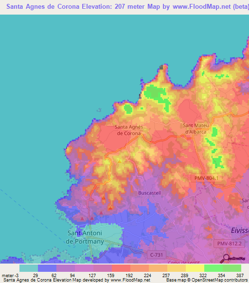 Santa Agnes de Corona,Spain Elevation Map