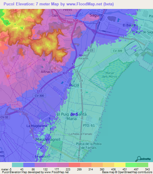 Pucol,Spain Elevation Map