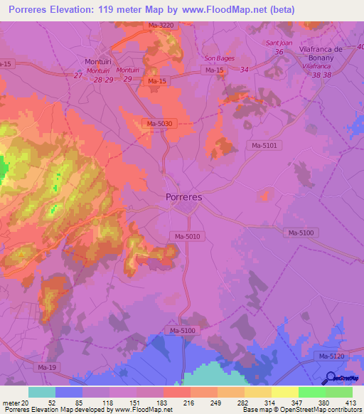 Porreres,Spain Elevation Map