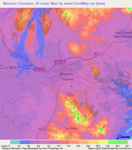 Manacor,Spain Elevation Map