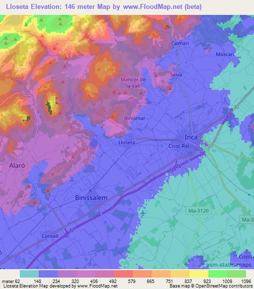 Lloseta,Spain Elevation Map