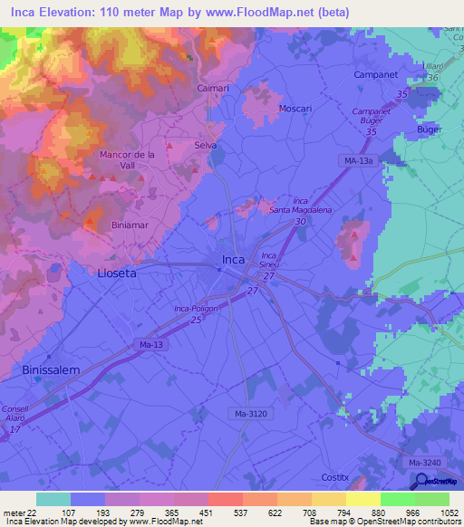 Inca,Spain Elevation Map