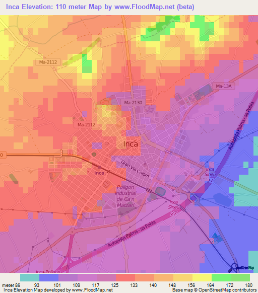 Inca,Spain Elevation Map