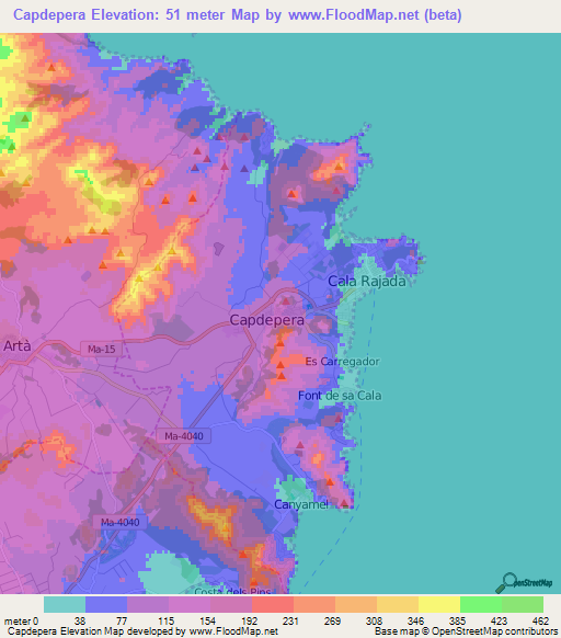 Capdepera,Spain Elevation Map