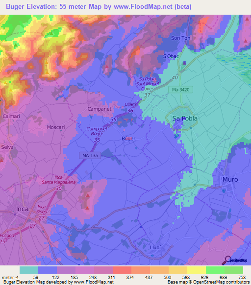 Buger,Spain Elevation Map